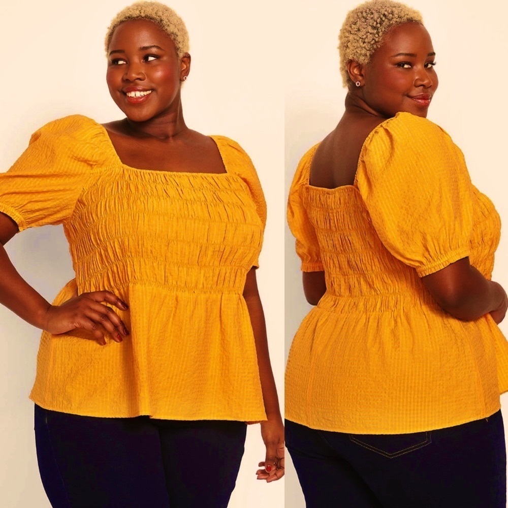 Lane Bryant Petite Orange Fitted Smocked Bodice Peplum Top Sz 24P NWT - Picture 3 of 8